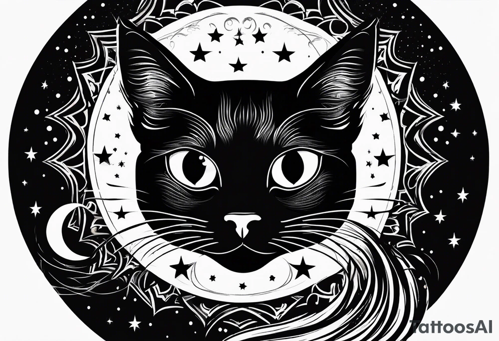 Photo realistic black cat head with moon and stars tattoo idea