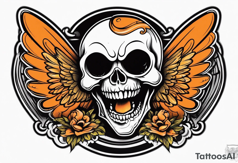 Angel skull laughing black and orange tattoo idea