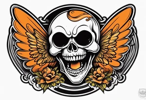 Angel skull laughing black and orange tattoo idea