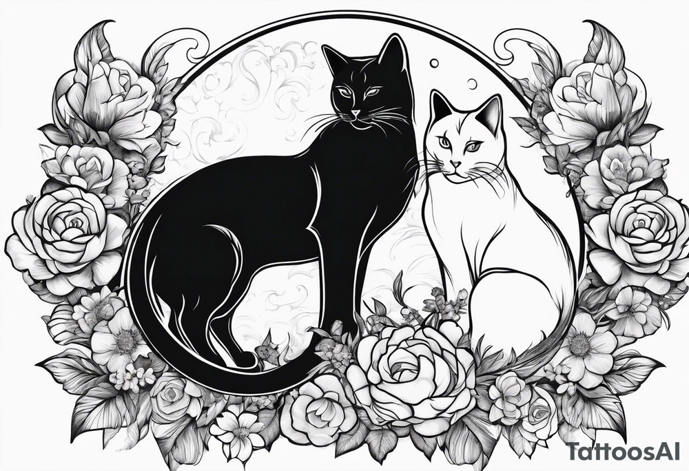 2 cats in laid crescent moon with flowers tattoo idea