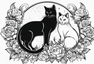 2 cats in laid crescent moon with flowers tattoo idea
