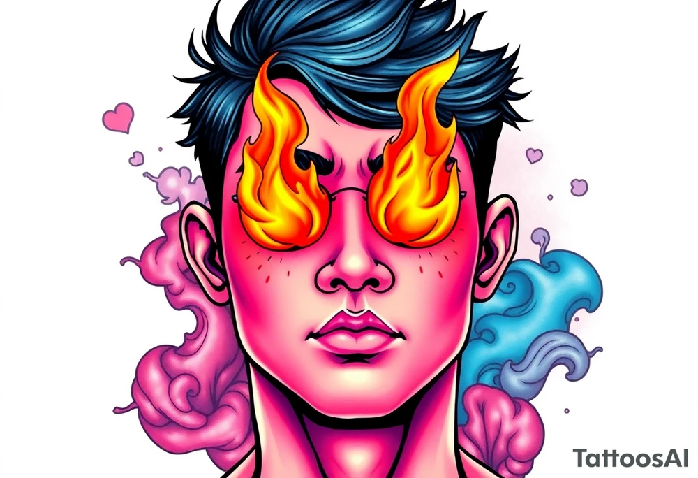 Handsome Asian young guy with flame instead of eyes tattoo idea