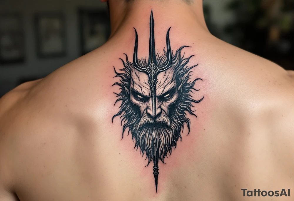 close-up gentle poseidon behind a trident tattoo idea