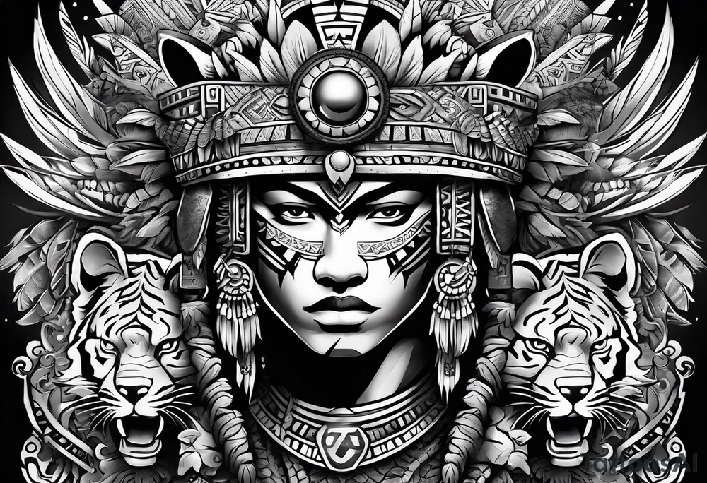 Aztec warrior with aztec symbols in the back ground and a tiger pelt on the warriors head tattoo idea