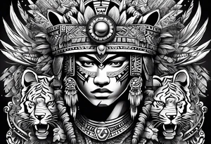 Aztec warrior with aztec symbols in the back ground and a tiger pelt on the warriors head tattoo idea