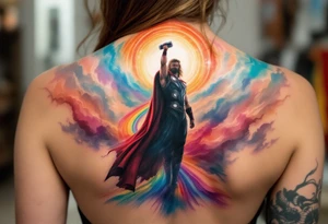 Chris Hemsworth’s Thor A full back piece of Thor standing on the Bifrost, his hammer raised, with the rainbow bridge stretching behind him, in vibrant colors. tattoo idea