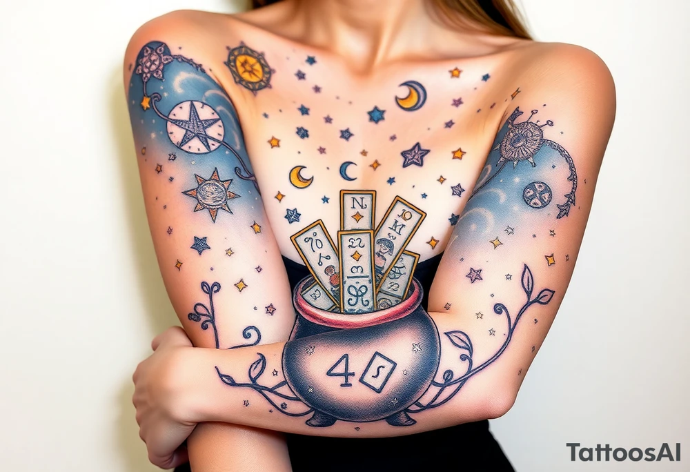 Milky way filled with zodiac symbols runes tarot cards coming out of a cauldron tattoo idea