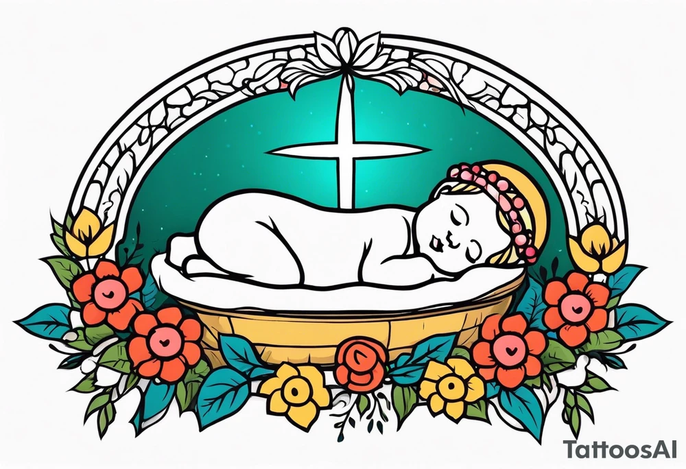 baby jesus in manger

old school vintage simple traditional design with vintage flowers surrounding it bold color simple tattoo idea