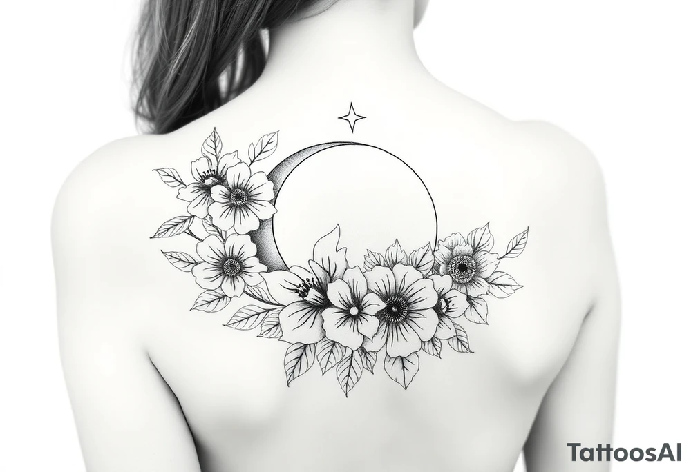 Flower sleeve surrounded by moon and star design for arm tattoo idea Flower sleeve surrounded by moon and star design for arm tattoo idea