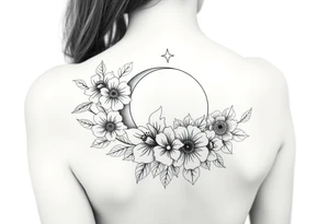 Flower sleeve surrounded by moon and star design for arm tattoo idea