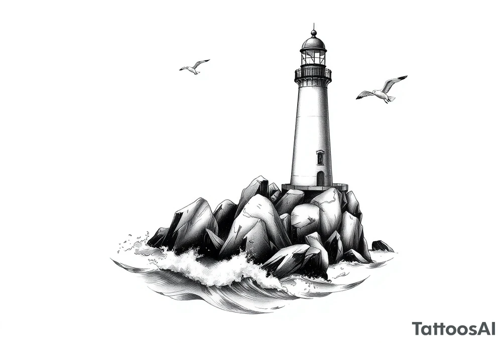 Lighthouse surrounded by a few boulders in the sea with high waves and seagulls flying around tattoo idea