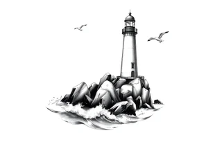 Lighthouse surrounded by a few boulders in the sea with high waves and seagulls flying around tattoo idea