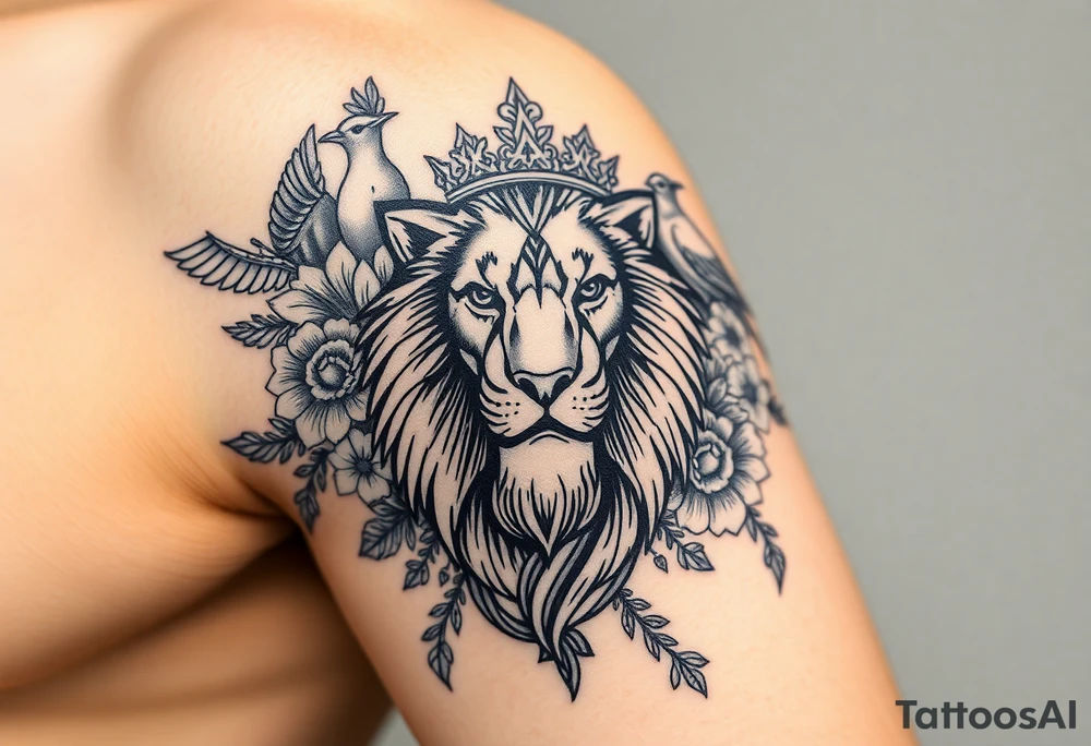 powerful majestic lion with a crown, surrounded by floral ornaments and birds tattoo idea