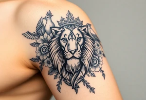 powerful majestic lion with a crown, surrounded by floral ornaments and birds tattoo idea