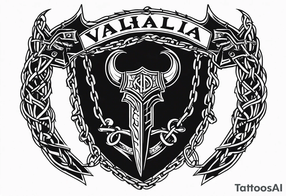 Valhalla round shield axe barbed wire chains tattoo idea
