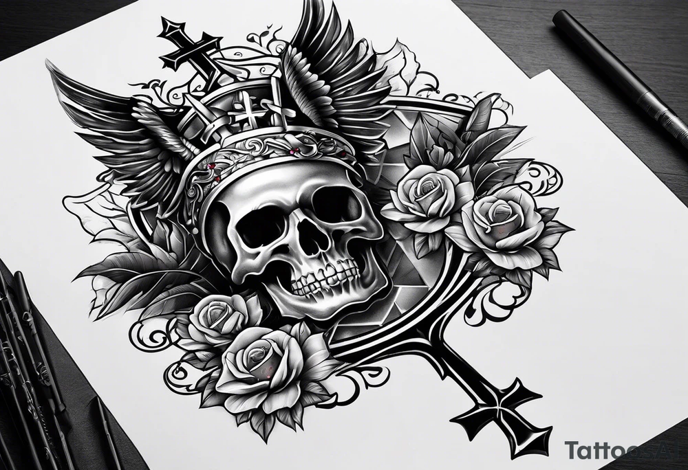 cross on top of a skull tattoo idea