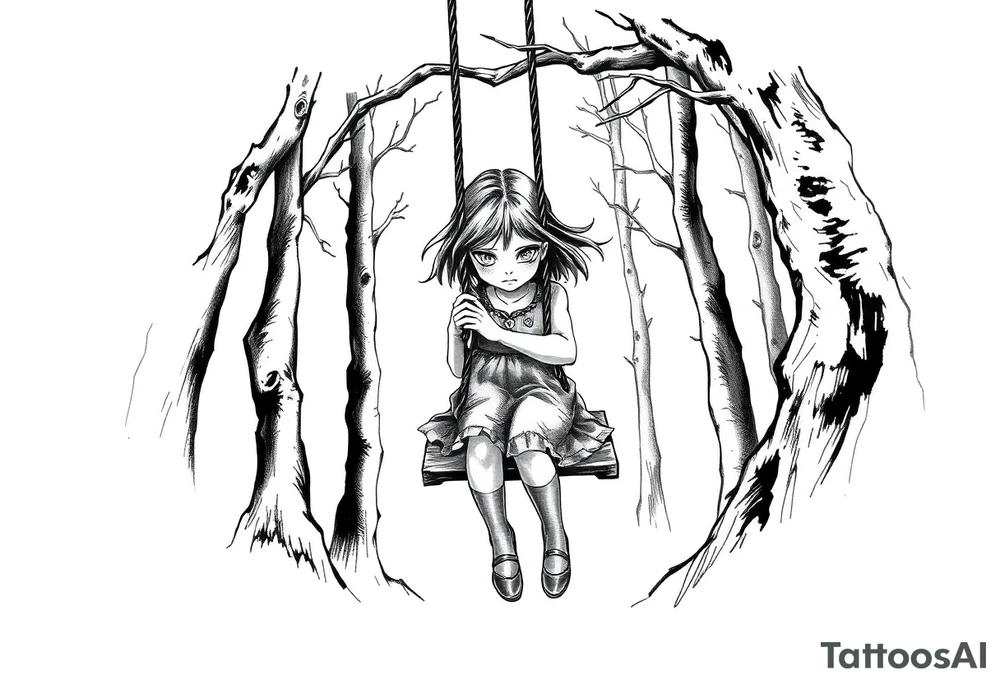 creepy little girl in the woods on a rope swing tattoo idea