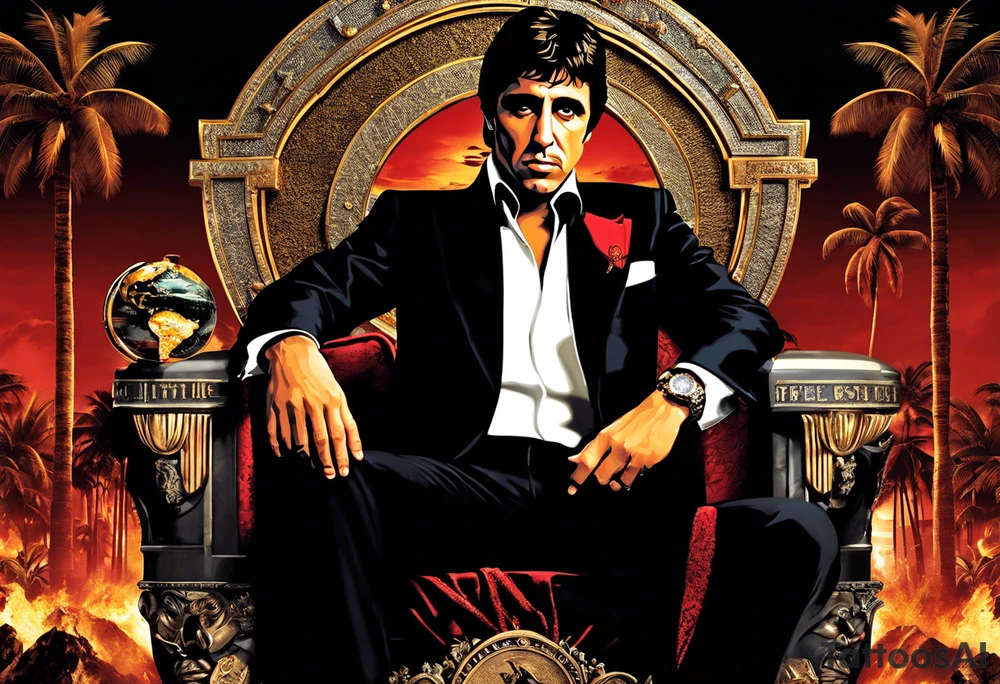 Tony Montana sitting on his throne with his infamous "The World is Yours" globe in hand, surrounded by elements that represent key scenes or motifs from the movie? For example, you could include symbols like piles of cocaine, palm trees, guns, and perhaps even the iconic "Say hello to my little friend" scene in the background. This would create a dynamic and visually captivating tattoo that pays homage to Scarface in a unique and personalized way. tattoo idea