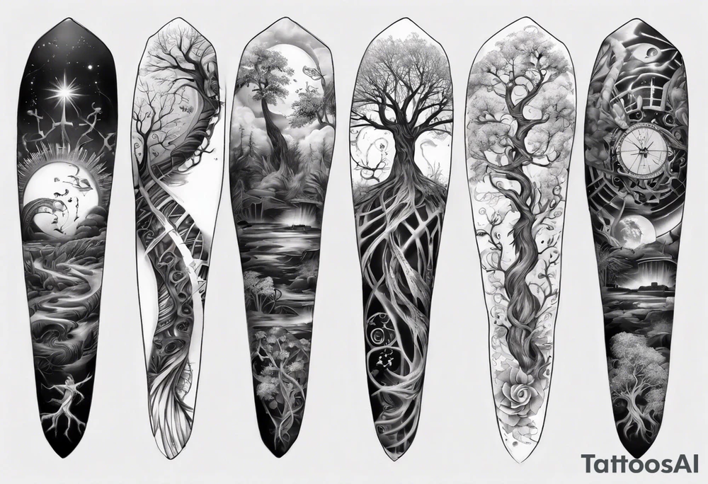 full arm sleeve tattoo... DNA science guitar piano, music. tree of life tattoo idea