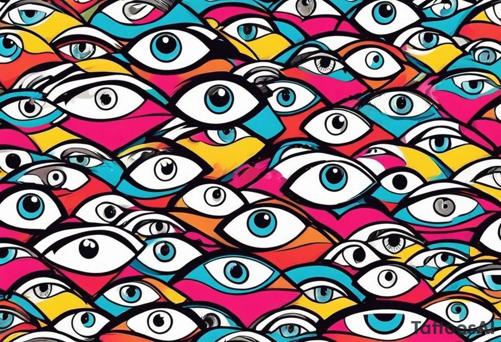 100 eyes with big eye lashes in geometric form in a oval tattoo idea