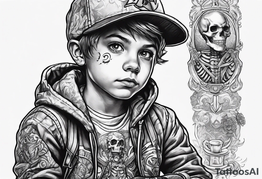 Kid wearing a skeleton costume playing video games tattoo idea