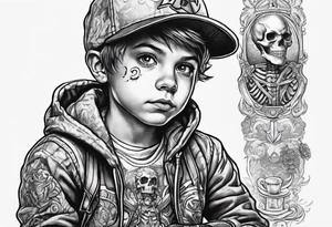 Kid wearing a skeleton costume playing video games tattoo idea