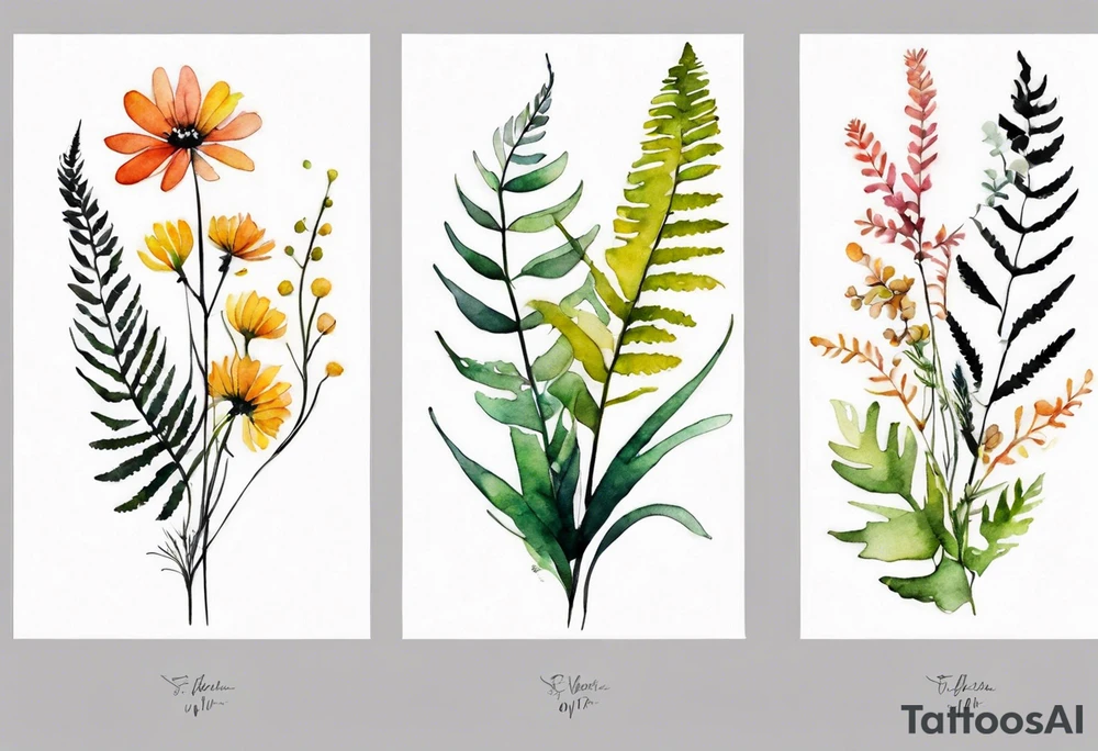 wild flowers long stems bouquet with ferns all watercolor tattoo idea