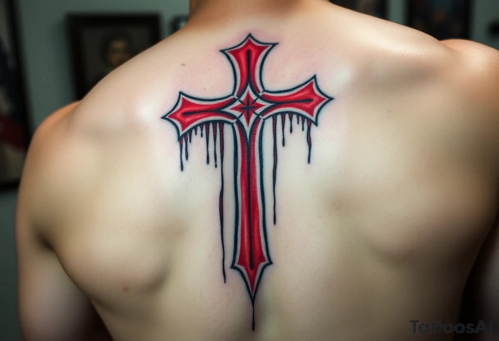 A red Templar cross dripping with rain on a battle-scarred shield, evoking a sense of perseverance tattoo idea