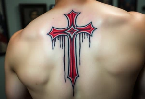 A red Templar cross dripping with rain on a battle-scarred shield, evoking a sense of perseverance tattoo idea