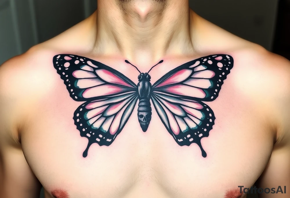 evil powerful majestic and dark monarch butterfly with  graffiti skull detail as the body hidden skulls in wings, skull detail making the body of the butterfly with a horror style effect, including aqua, pink and white colouring
placement on chest at collarbone tattoo idea