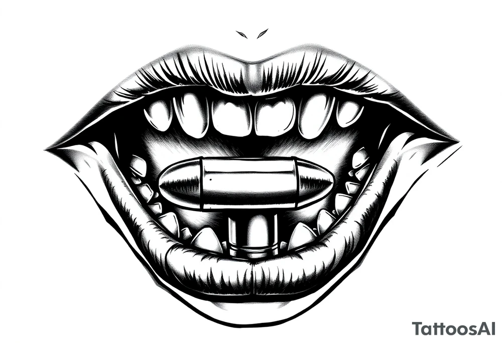 A set of lips snarling with 50cal round between teeth tattoo idea