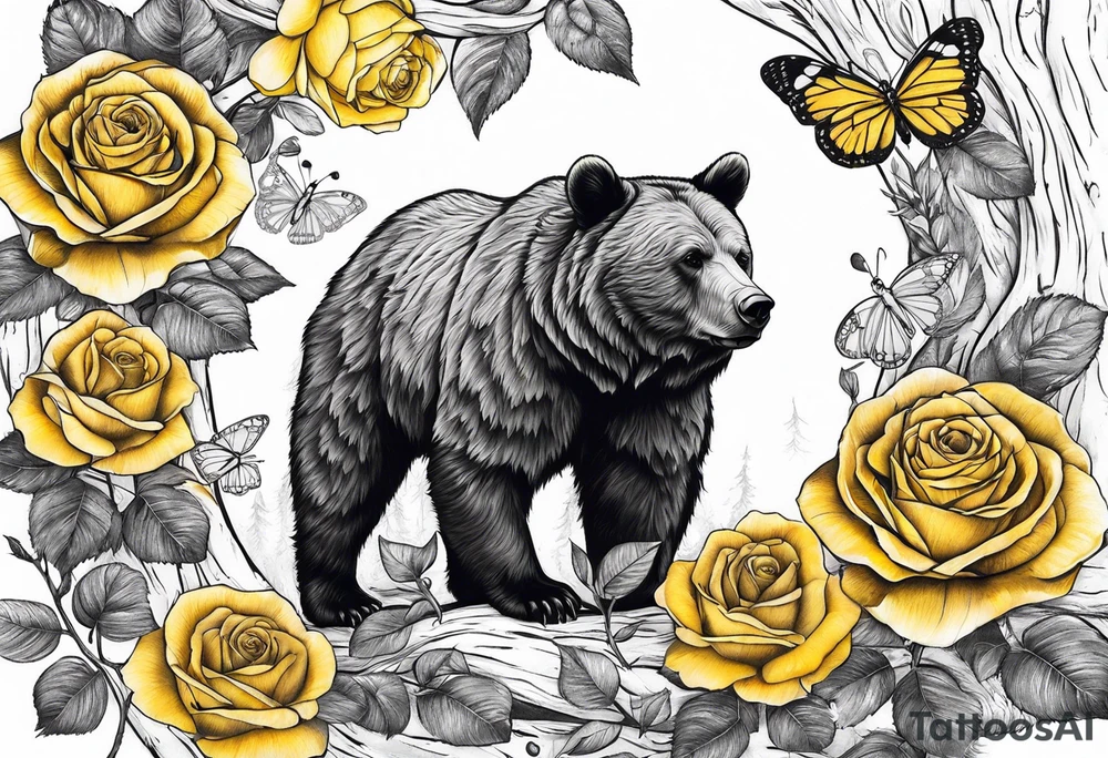 Bear under the tree of life with yellow roses and three butterflies for an upper arm tattoo. tattoo idea