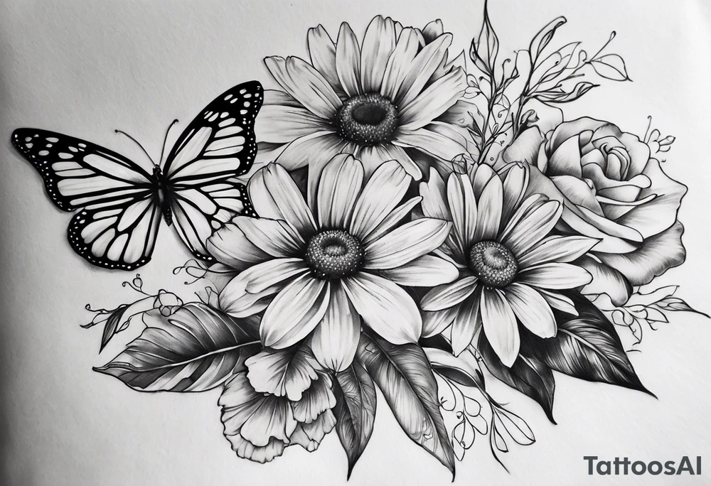 tattoo to represent that I have 3 children (girls). For inspiration I like flowers, the beach. Tattoo is for ribcage down side of body. I don't want images of women or girls in it. I want it pretty. To include daisy flowers and roses and buterfly tattoo idea