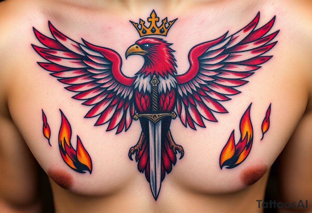 A majestic red and white Moravian eagle with golden crown on its head holding a sword in its talons, surrounded by flames tattoo idea