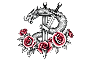 dragon coils around a sword,roses, tattoo idea