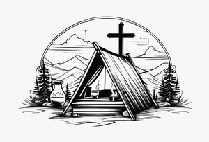 cross, campfire, golf , whiskey glass, cabin tattoo idea