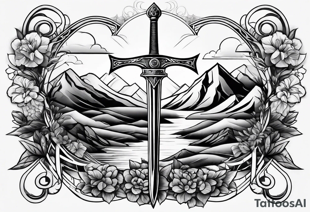 crossing sword with nature background tattoo idea