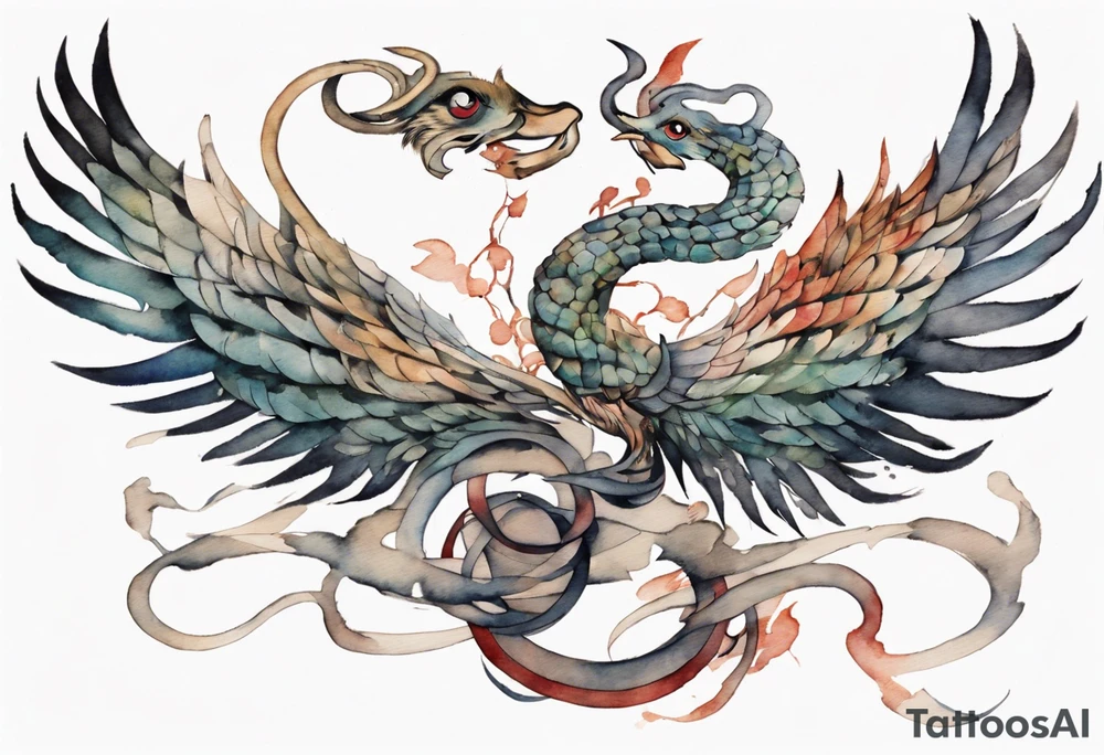 a watercolor of a bird-serpent hybrid wearing an iron crown, flying tattoo idea