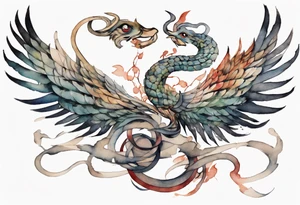 a watercolor of a bird-serpent hybrid wearing an iron crown, flying tattoo idea