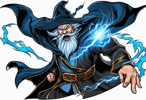 Yelling wizard directing a lightning strike with blue lightning and a black cloak tattoo idea