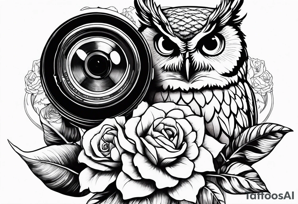 Sunflower, camera, book, owl, flower rose tattoo idea