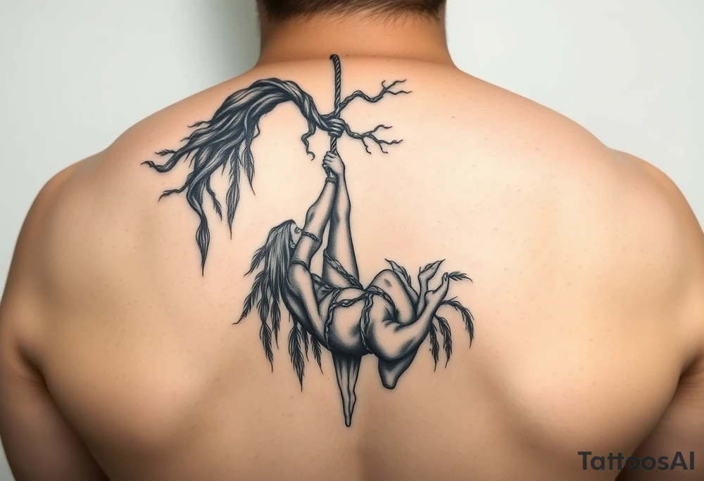 Fat sexy woman hanging with a noose around her neck a weeping willow tree tattoo idea
