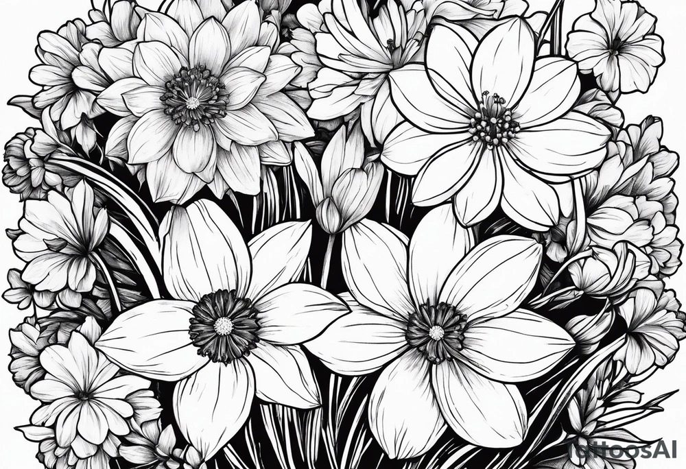 Narcissus, CHRYSANTHEMUM, COSMOS, SNOW DROP tattoo idea