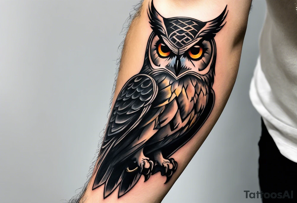 Realistic Closeup Tattoo: A lifelike portrayal of a Greek mythological figure, depicted with classic or heroic attributes and detailed in a majestic, powerful stance. The character is surrounded by subtle elements related to their symbolism (like lightning, an owl, or a trident), creating a connection to their mythological story. The figure is detailed and lifelike, embodying qualities such as strength, wisdom, or courage. Style: Realism tattoo idea
