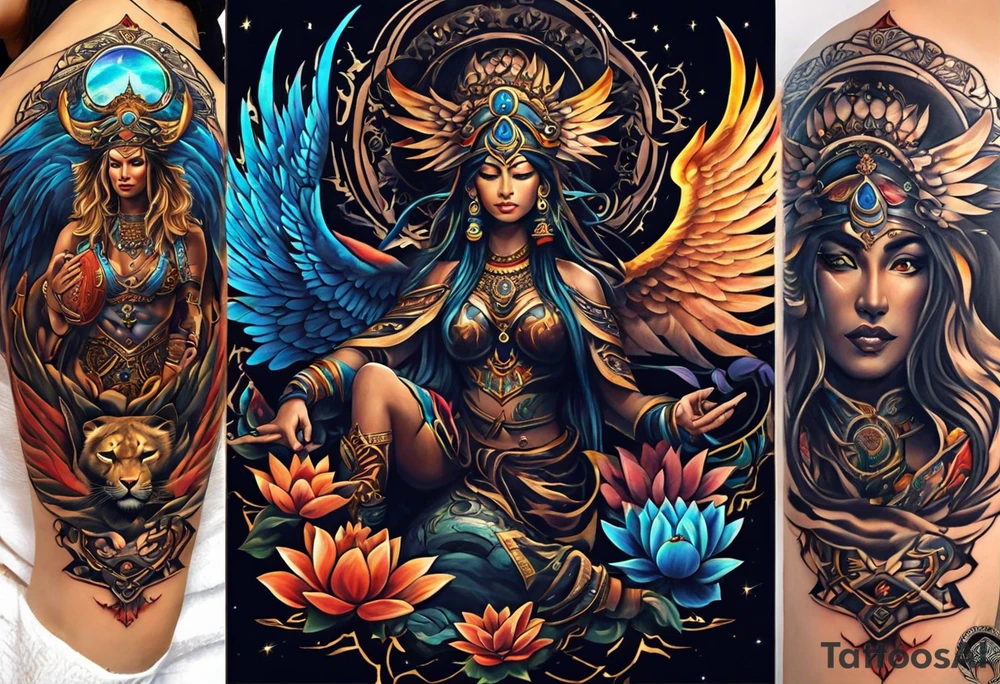 black kali, goddess pirate, alien, angel, pachamama, valkrye, warrior, flying, skull, lotus azul, wing, eagle, zenza resonance, stars, 5D, anahata chakra, death, durga, riding on a tiger, flying lady tattoo idea