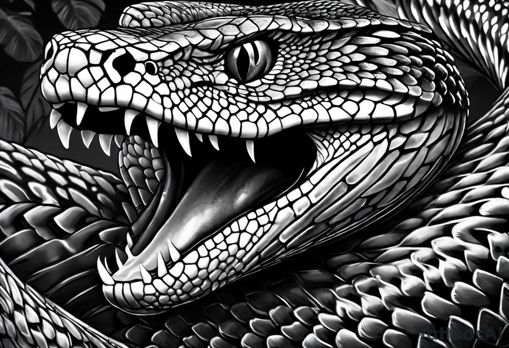 Black and grey realism with a western diamondback snake rainforest background for a forearm sleeve. Create the snake to be coiled and mouth open showing fangs tattoo idea