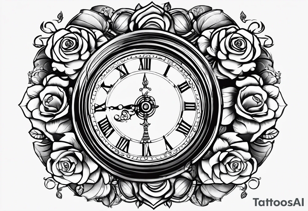 I want a design to print on t-shirts. The design is an hourglass with a wristwatch in the middle with Amazigh numbers, and this watch is surrounded by planets and Ashulk roses. tattoo idea