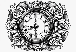 I want a design to print on t-shirts. The design is an hourglass with a wristwatch in the middle with Amazigh numbers, and this watch is surrounded by planets and Ashulk roses. tattoo idea