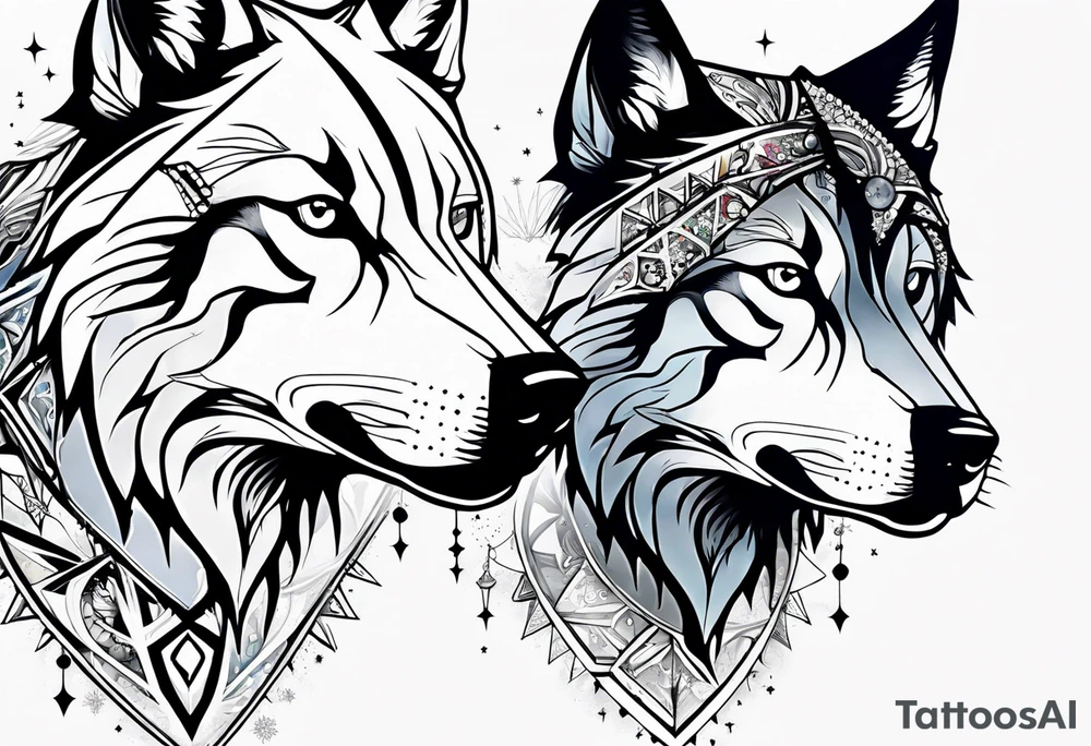 Constellation, two animal alien wolf, snowflake tattoo idea