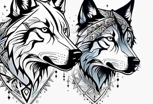 Constellation, two animal alien wolf, snowflake tattoo idea
